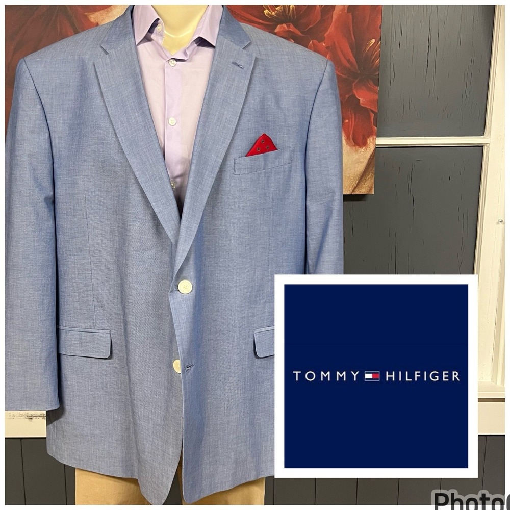 Tommy Hilfiger Blazer Jacket Sport Coat Mens 52R Cotton Light Blue